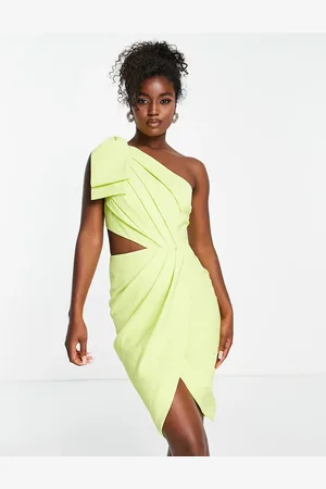 Lavish Alice One shoulder cut out detail wrap midi dress in lime