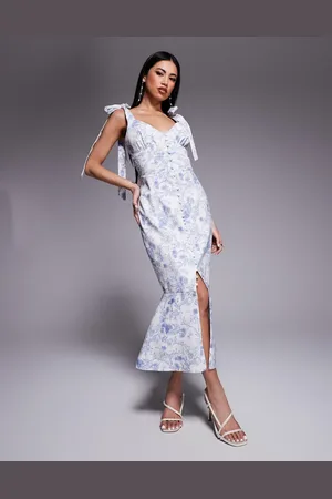 Lavish Alice Satin tie strap micro button midi dress in porcelain print
