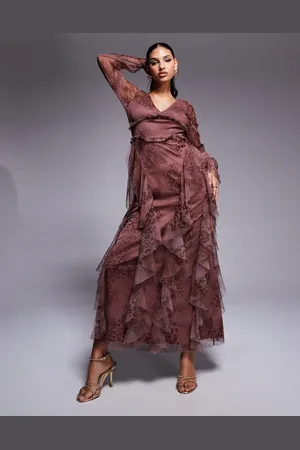 Lace & Beads Long sleeve ruffle maxi dress in brown animal print