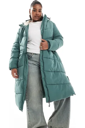 Yours Padded midi jacket with teddy lining in khaki