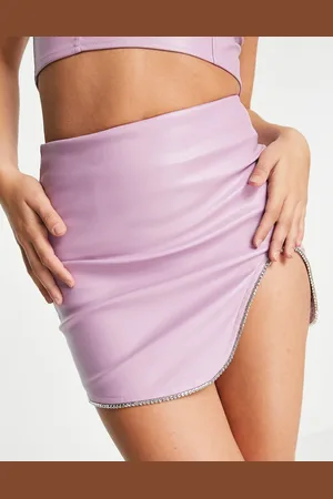 KYÒ The Brand leather look high waist curved diamante hem mini skirt in lavender - part of a set
