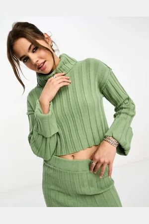 ASOS Crop sweater with high neck in rib in khaki - part of a set