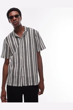 Topman Short sleeve relaxed crochet striped shirt in and white