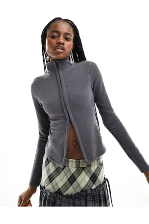 COLLUSION Washed ribbed eyelet funnel neck long sleeve top in