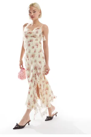 Love Triangle Ruffle maxi dress with open back in cream floral