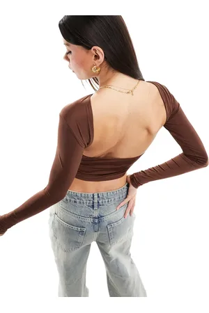 Stradivarius Slash neck open back long sleeve top in