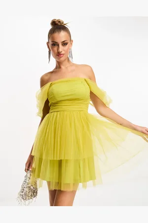 Lace & Beads Off shoulder tulle mini dress in olive
