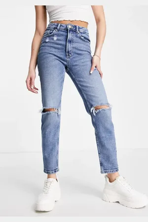 Stradivarius Slim mom jean with stretch and rip in authentic blue