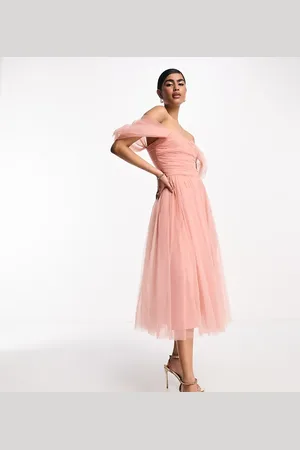 Lace & Beads Bridesmaid off shoulder midi dress in blush