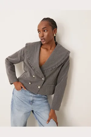 Neon Rose Ruffle edge cropped sparkle pinstripe blazer in