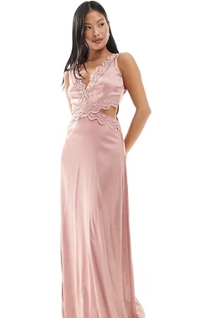 TFNC Bridesmaid satin maxi dress with scalloped lace detail in dusky