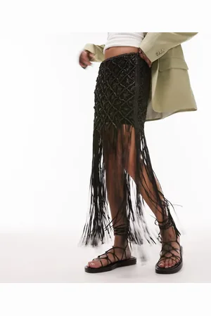 Topshop Premium leather woven tassel mini skirt in