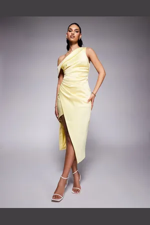Lavish Alice Asymmetric neckline pleated satin midi dress in yellow
