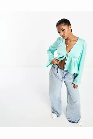 Pieces® Satin peplum tie front top in turquoise