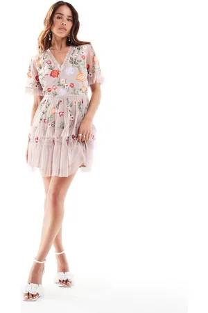 Maya Deluxe Embroidered mini dress with lace trim in taupe