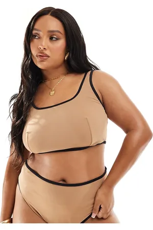 ASOS Curve contrast binding high leg high waist bikini bottoms in mochaccino