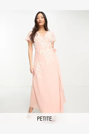 Maya Deluxe Wrap midaxi dress with contrast embroidery in peach