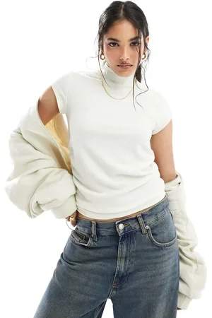 JDY Ruched side cap sleeve high neck top in