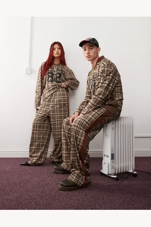 Reclaimed Unisex wide leg sports sweatpants in check print