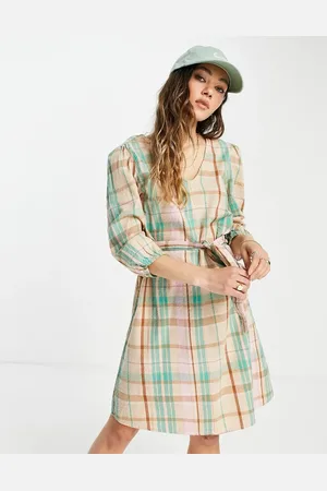 ONLY Mini smock dress with volume sleeve and tie waist in mint check