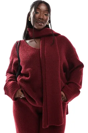 4th & Reckless Deep cuff v neck scarf detail sweater in burgundy - part of a set