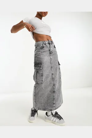 Stradivarius STR denim cargo maxi skirt in washed