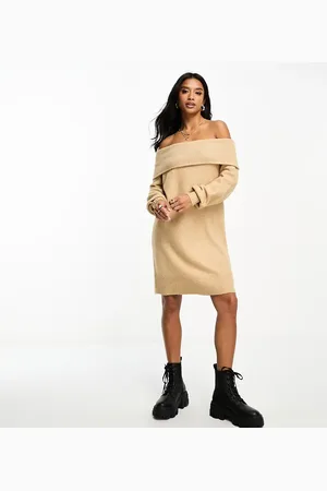 Threadbare Petite Parker off shoulder sweater dress in taupe