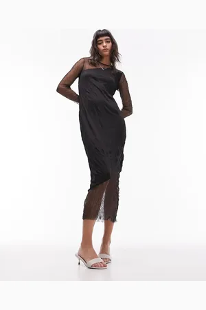 Topshop Sheer and solid crinkle mix midi dress in