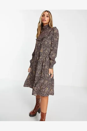 French Connection Faith drape high neck tiered midi dress in animal print