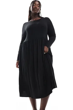 Yours Long sleeve pocket smock midi dress in