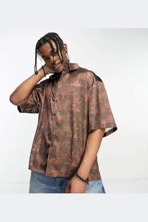 COLLUSION Festival short sleeve satin shirt in brown and print