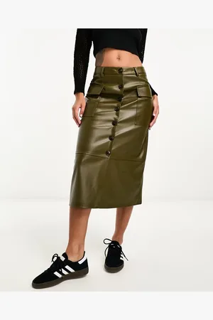 ONLY Faux leather button down cargo midi skirt in khaki
