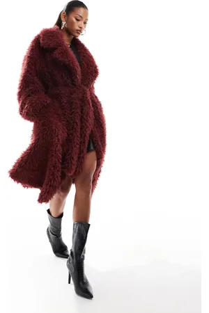 Aria Cove Teddy belted coat in burgundy