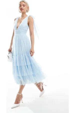 Lace & Beads Bridesmaid Madison bow shoulder tiered midi dress in powder
