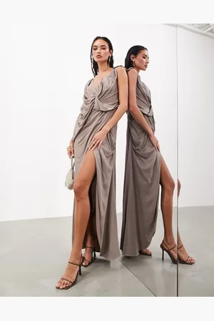 ASOS Sleeveless draped off shoulder maxi dress in taupe