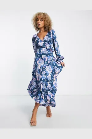 Liquorish Wrap front maxi dress with frill detail in dark floral