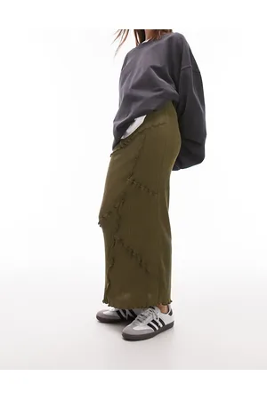 Topshop Textured midi skirt in dark khaki