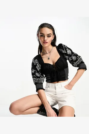 Reclaimed Blouse with contrast stich and embroidery in black