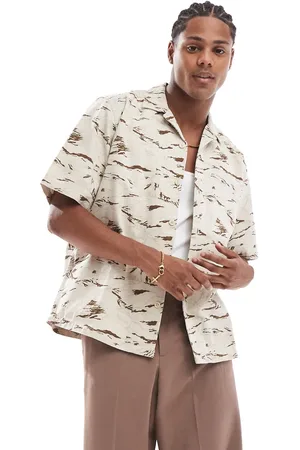 Only & Sons Revere collar twill shirt with tiger camo print in beige