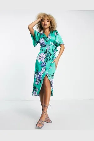 Liquorish Satin wrap front midaxi dress in sage floral print