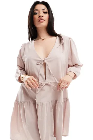 Esmée Esmée Exclusive Curve linen mix long sleeve tiered mini tie front beach dress in oat