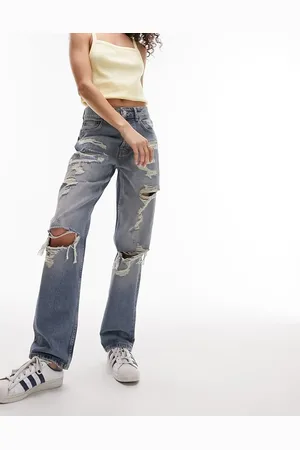 Topshop Dad mid rise straight jean with extreme rip & repair in mid