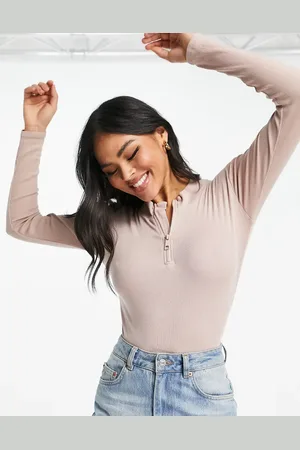 Threadbare Ribbed high neck half zip long sleeve bodysuit in taupe