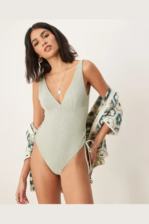 ASOS Kai textured tie side swimsuit with pearl trim in sage