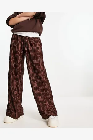 Urban Threads Satin plisse wide leg pants in chocolate - part of a set