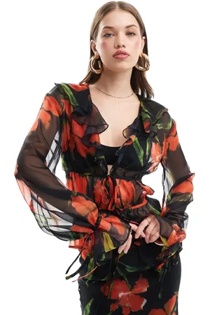 ASOS Long sleeve chiffon ruffle tie top in floral print - part of a set