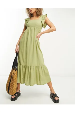 Accessorize Frill shoulder texture midi beach summer dress in khaki