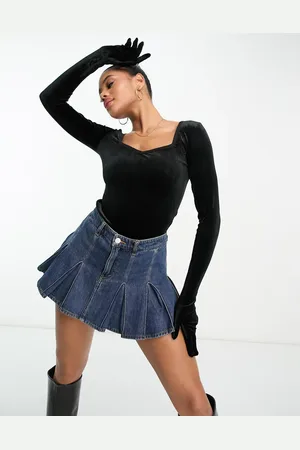 Threadbare Shannon velour sweetheart neck bodysuit with gloves in