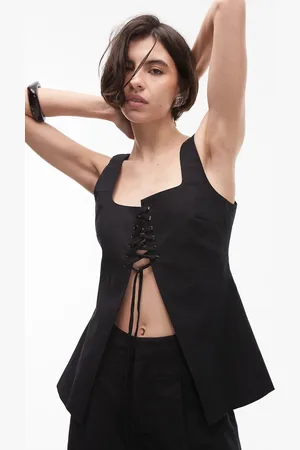 SNDYS Linen blend square neck lace-up split front top in - part of a set