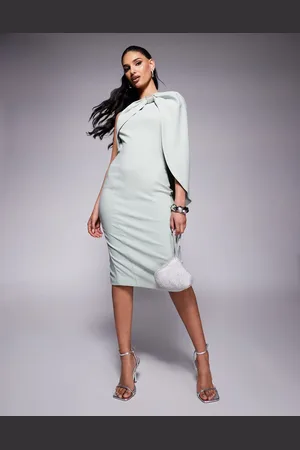 Lavish Alice One-shoulder embellished bow cape midi dress in sage